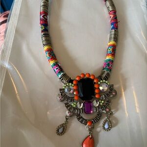 Boho Multicolor Statement Necklace with Orange, Purple & Black Accents